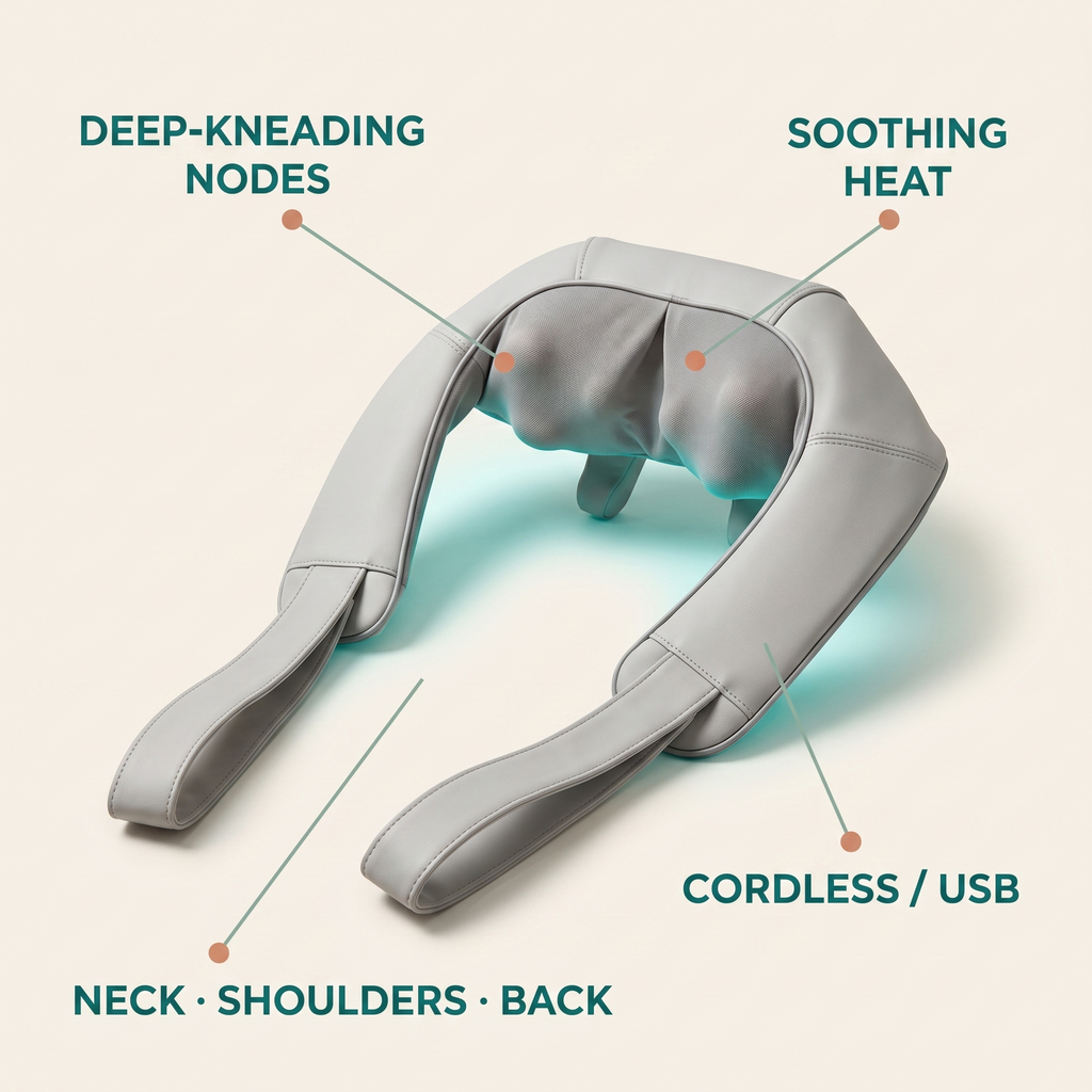 Neck Revive features: deep-kneading nodes, soothing heat, cordless USB, neck shoulders back
