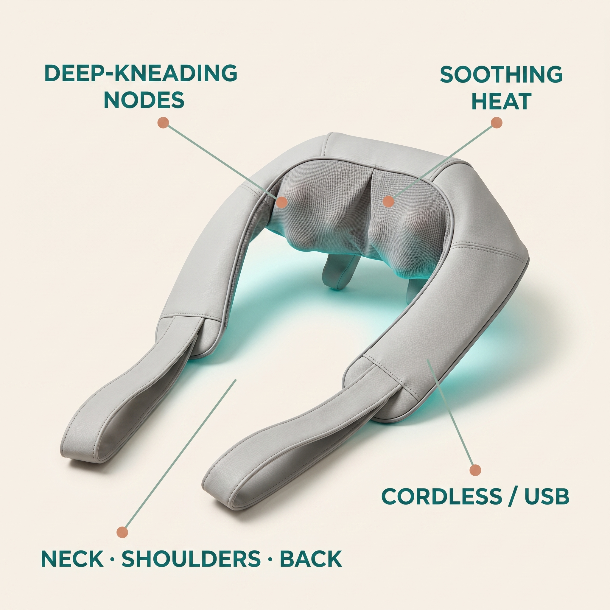 Neck Revive features: deep-kneading nodes, soothing heat, cordless USB, neck shoulders back