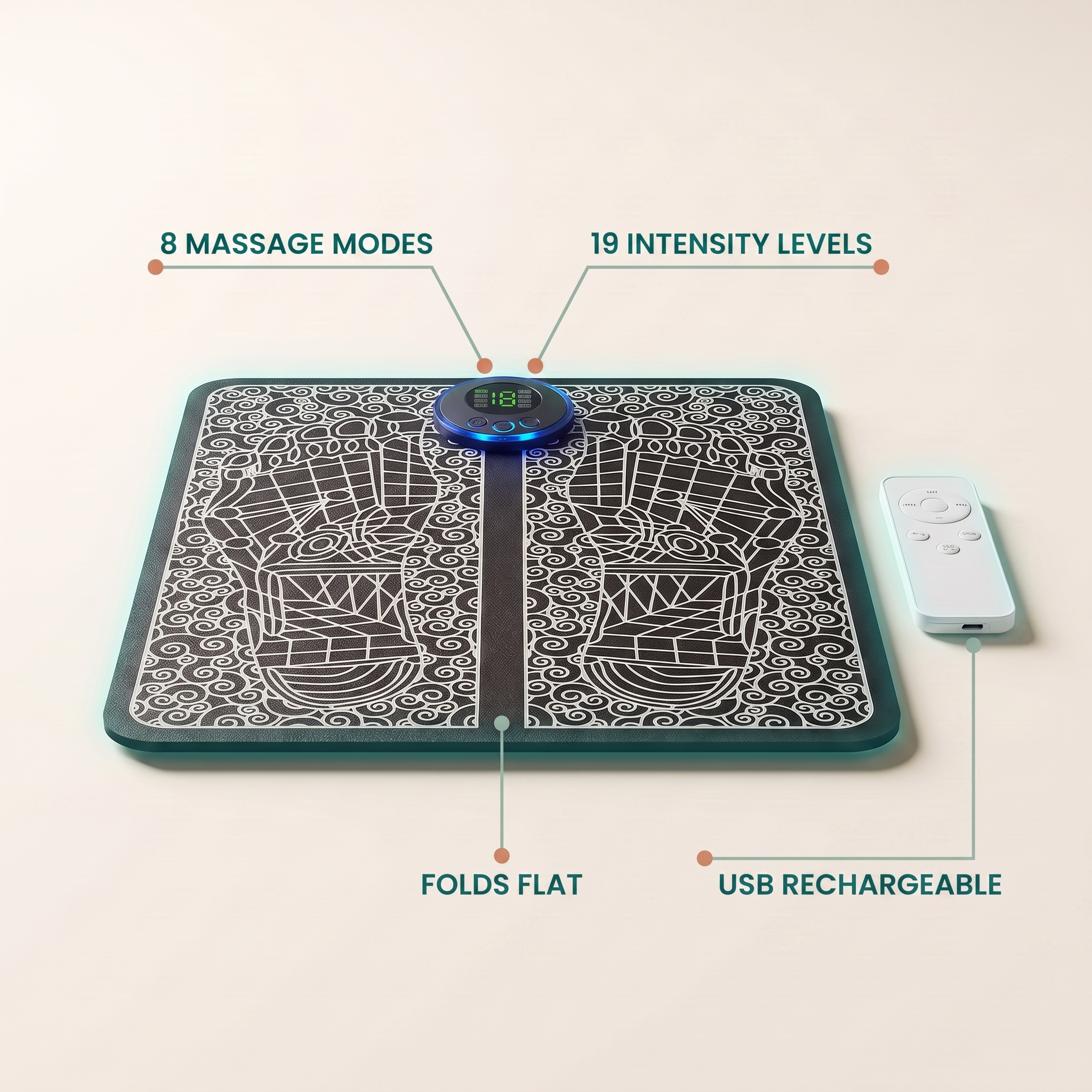 Foot Revive features: 8 massage modes, 19 intensity levels, USB rechargeable, folds flat