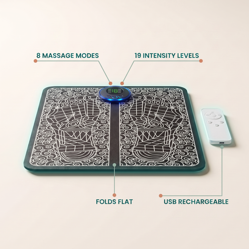 Foot Revive features: 8 massage modes, 19 intensity levels, USB rechargeable, folds flat