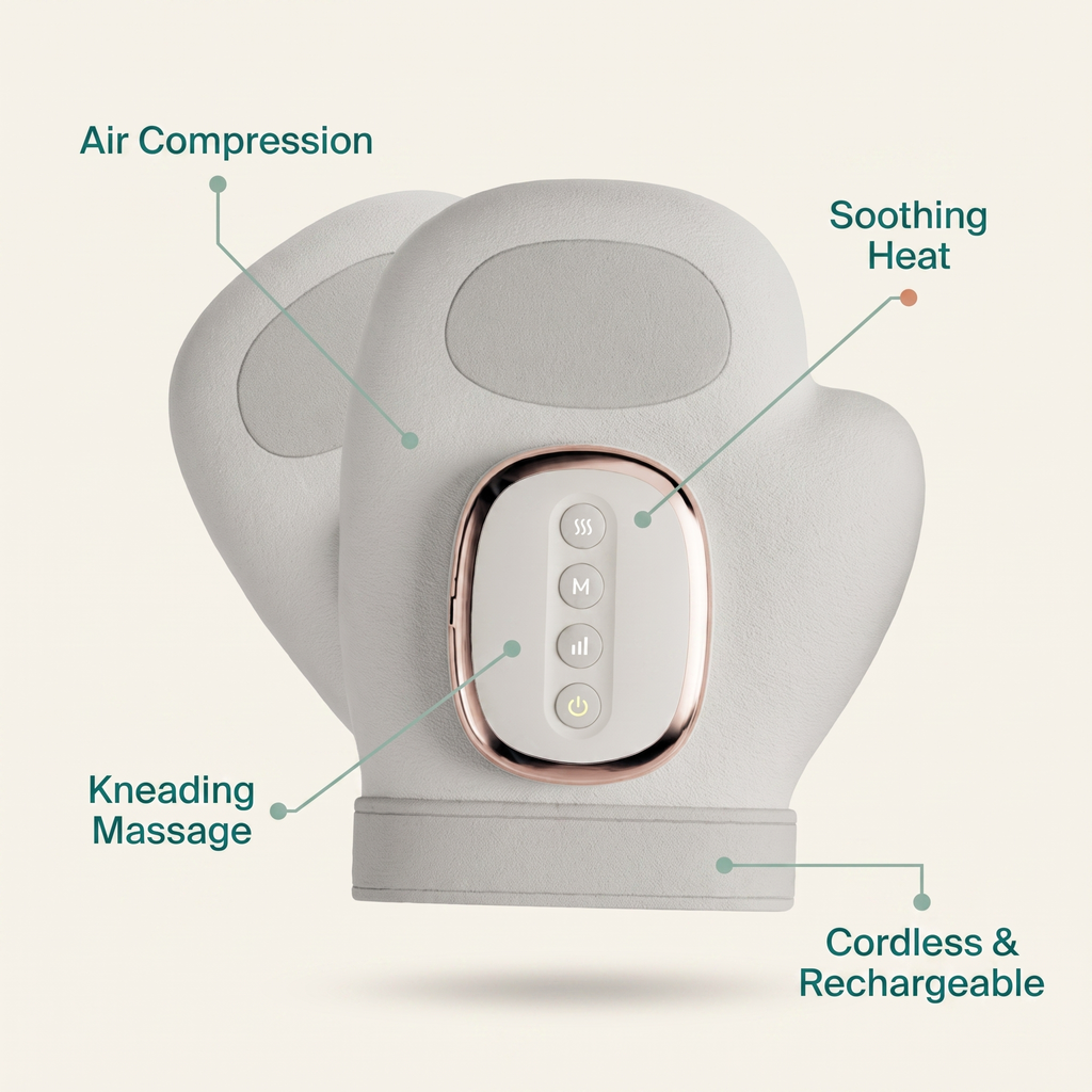Hand Revive features: air compression, soothing heat, kneading massage, cordless