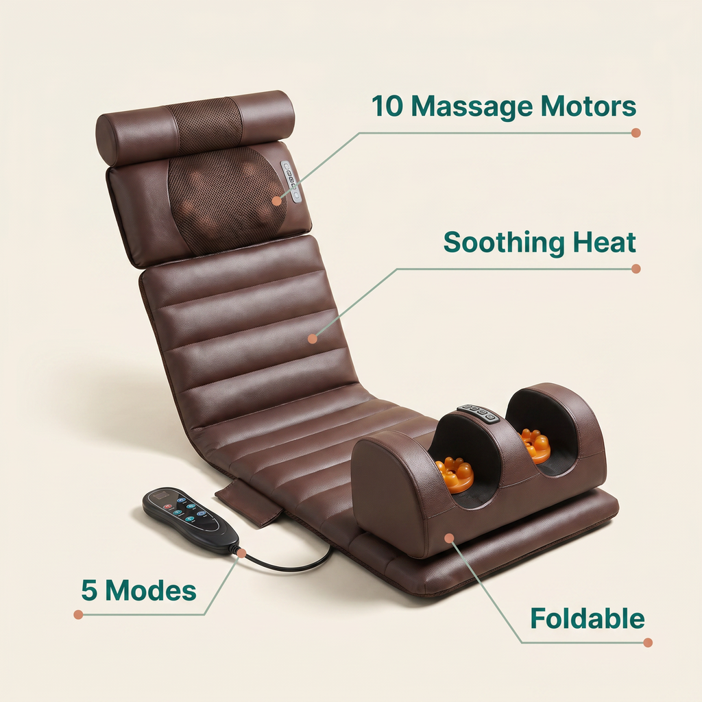 Limber Body Revive features: 10 massage motors, soothing heat, 5 modes, foldable