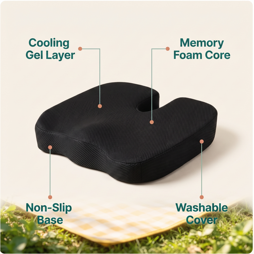 Sit Revive cushion features: cooling gel layer, memory foam core, non-slip base, washable cover