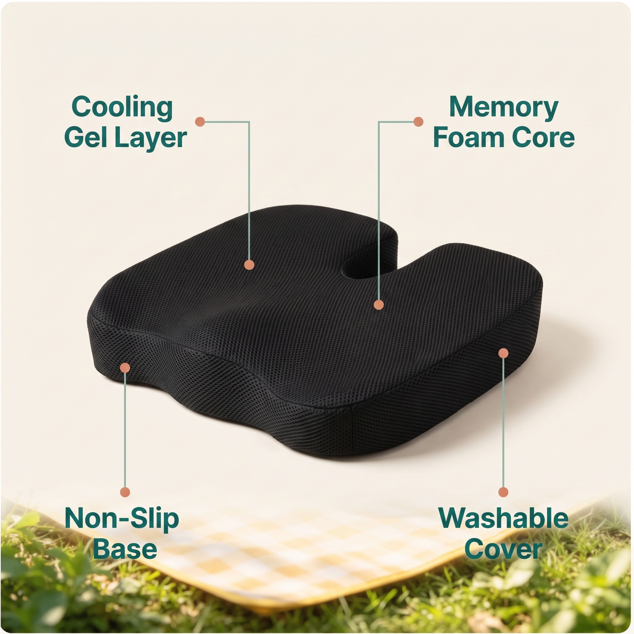 Sit Revive cushion features: cooling gel layer, memory foam core, non-slip base, washable cover