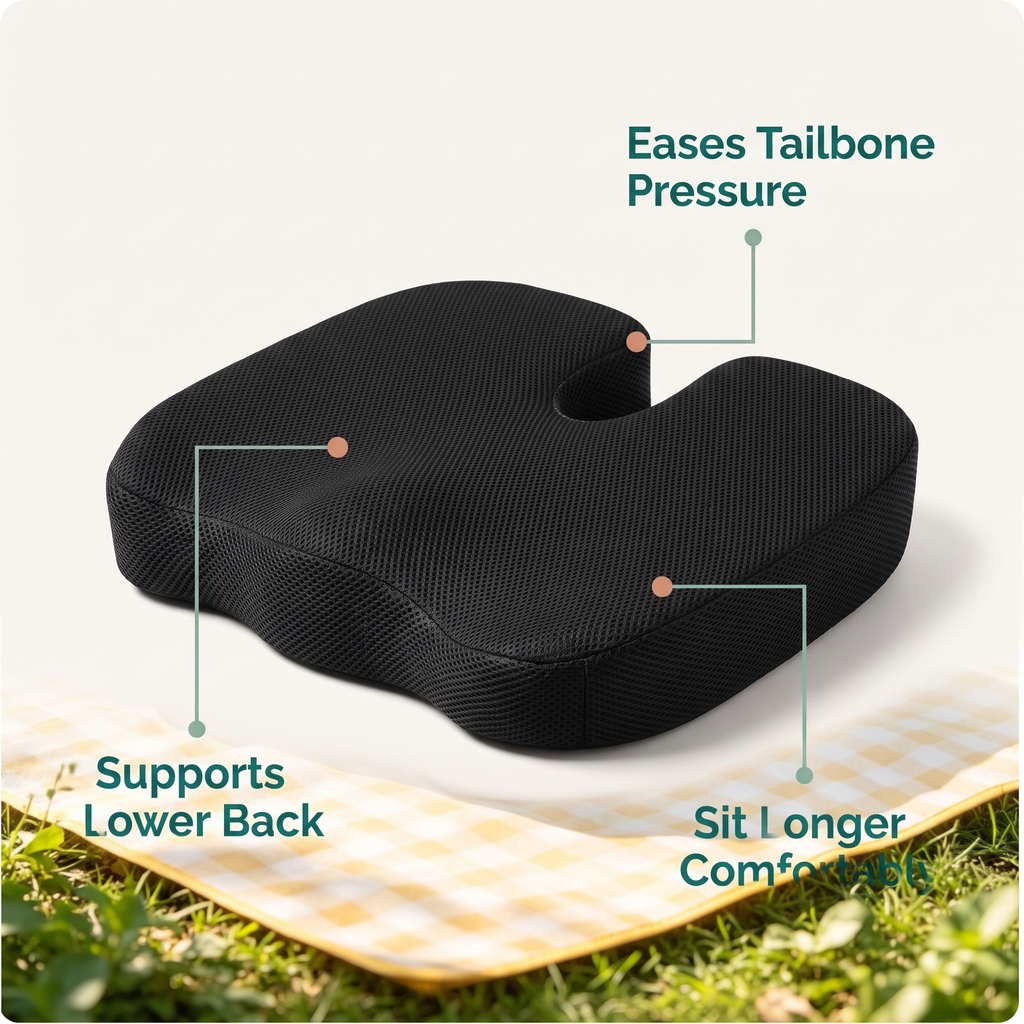 Sit Revive cushion benefits: eases tailbone pressure, supports lower back, sit longer comfortably