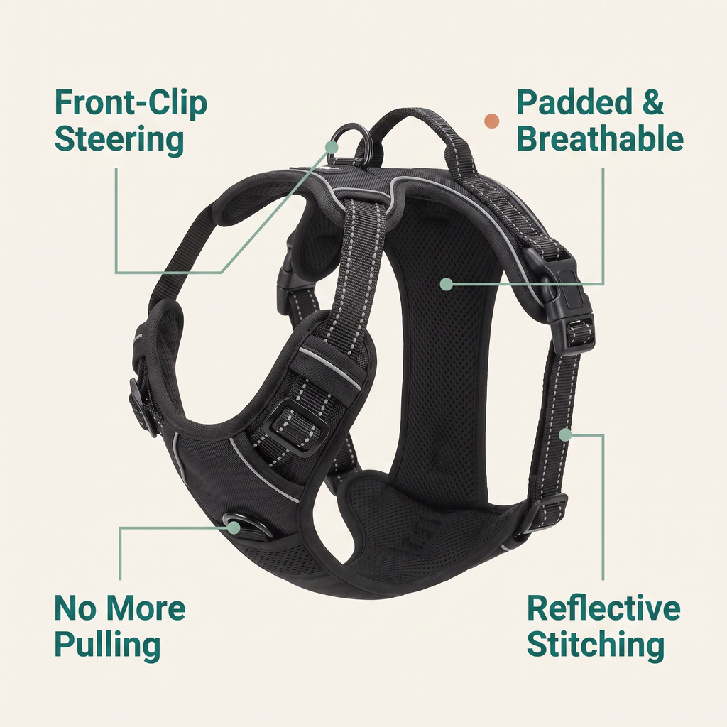 Features: front-clip steering, no more pulling, padded and breathable, reflective stitching