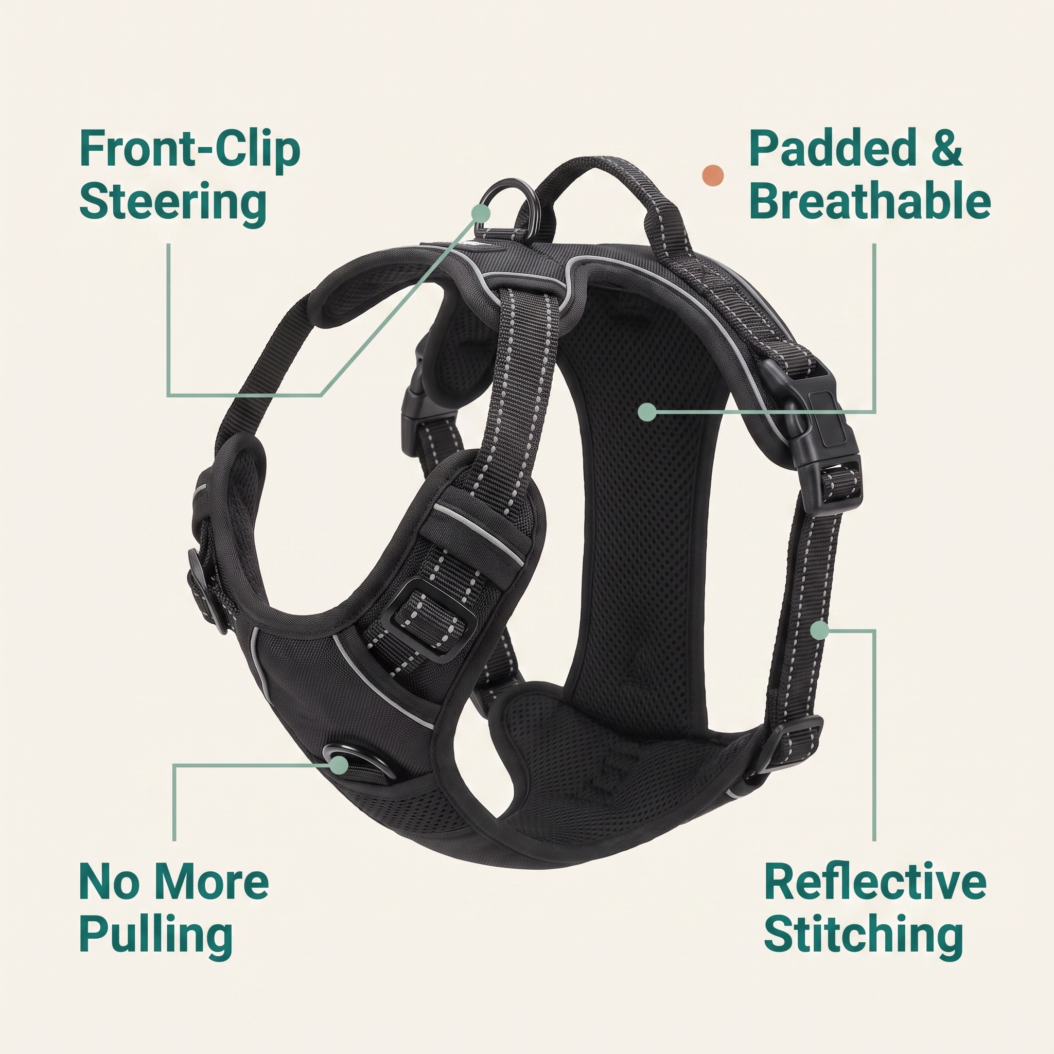 Features: front-clip steering, no more pulling, padded and breathable, reflective stitching