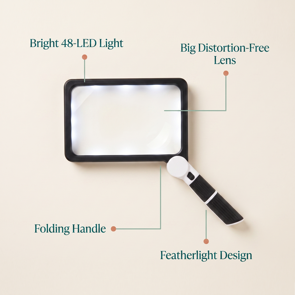 Limber Clear Read features: bright 48-LED light, big distortion-free lens, folding handle, featherlight design