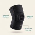 Limber Knee Align knee support brace with side spring stabilizers and patella gel cushion callouts