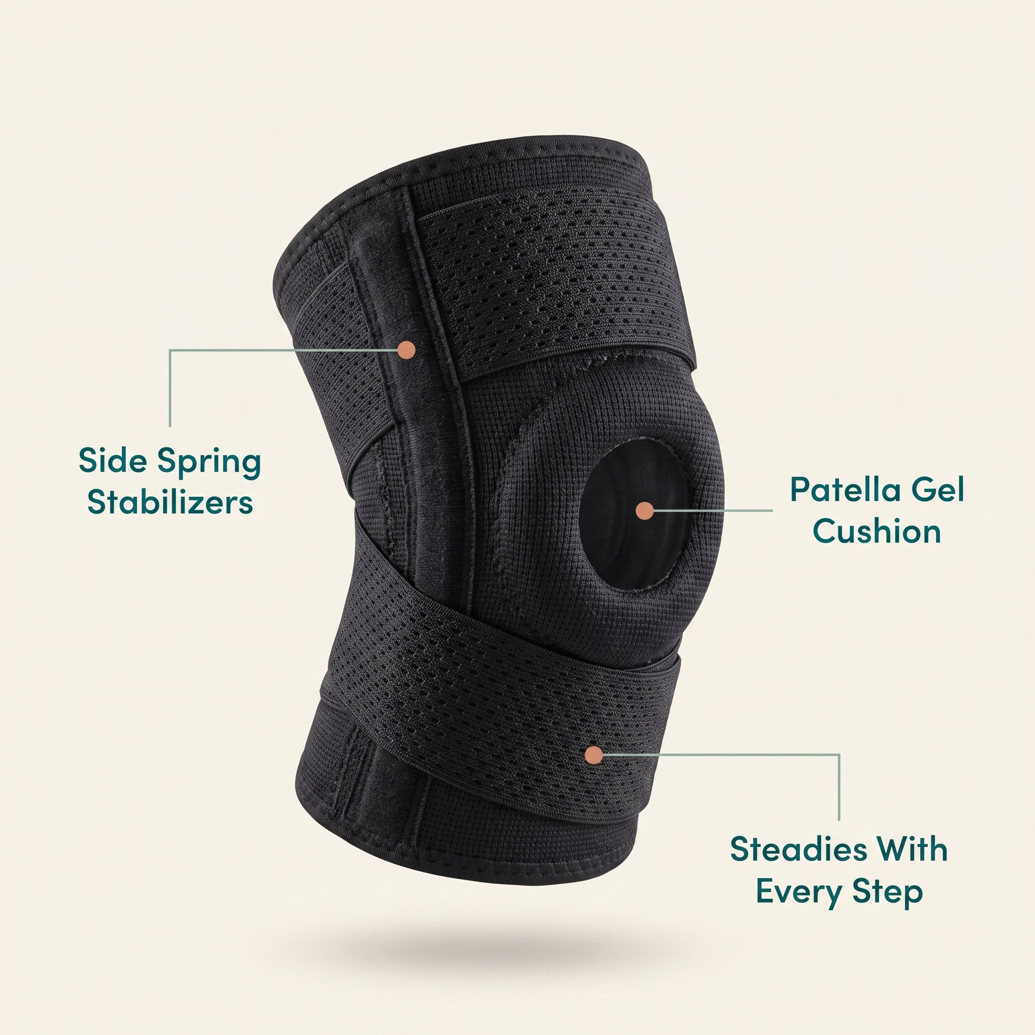 Limber Knee Align knee support brace with side spring stabilizers and patella gel cushion callouts