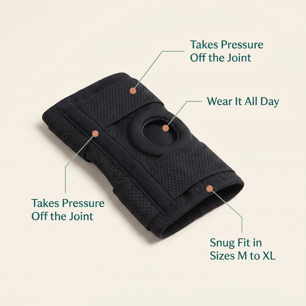 Limber Knee Align brace benefits: takes pressure off the joint, all-day wear, sizes M to XL