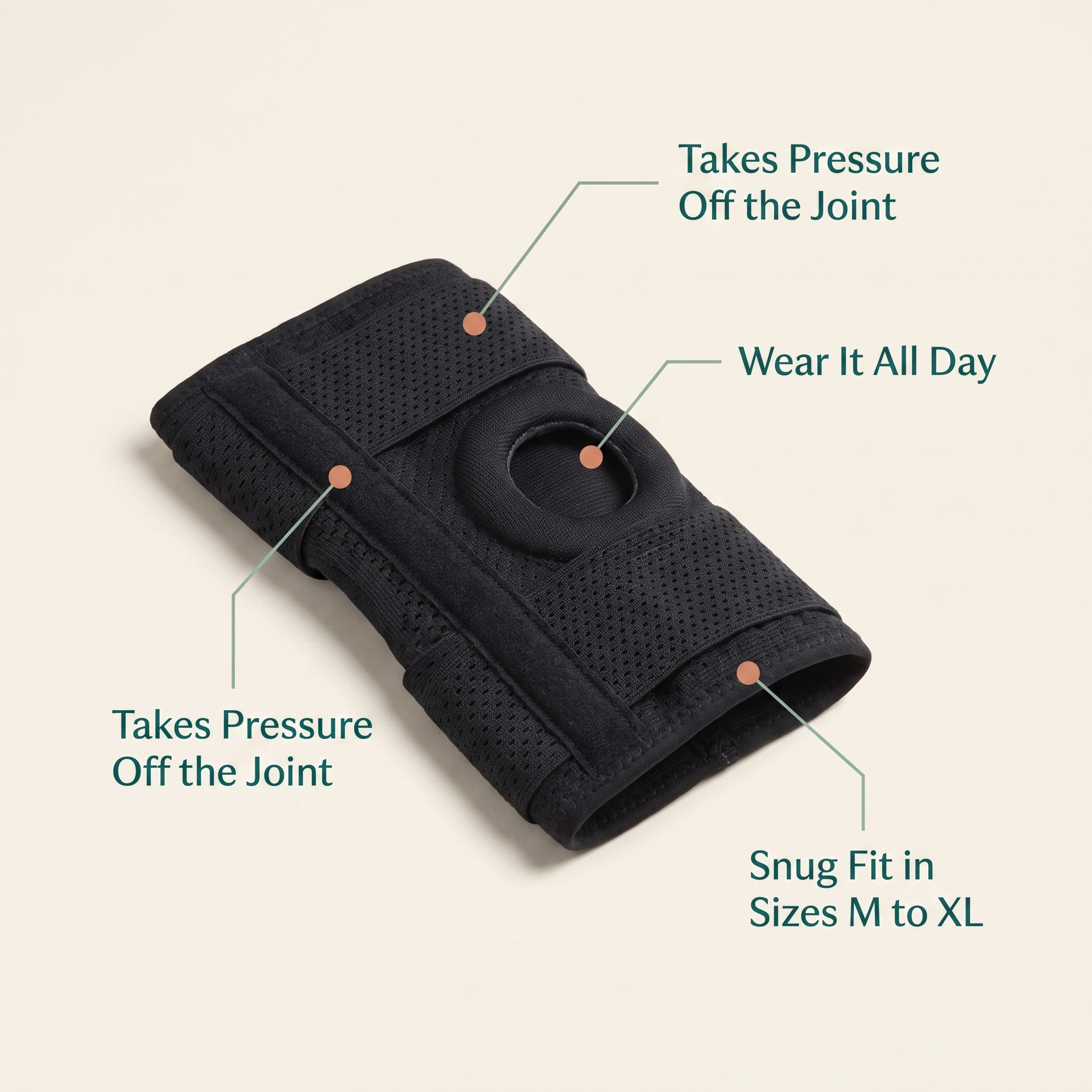 Limber Knee Align brace benefits: takes pressure off the joint, all-day wear, sizes M to XL