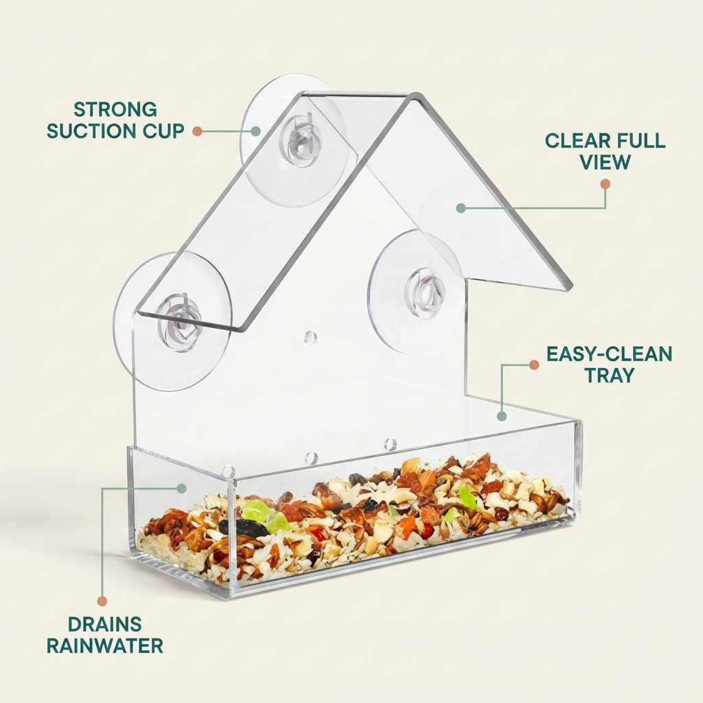 Features: strong suction cup, clear full view, easy-clean tray, drains rainwater