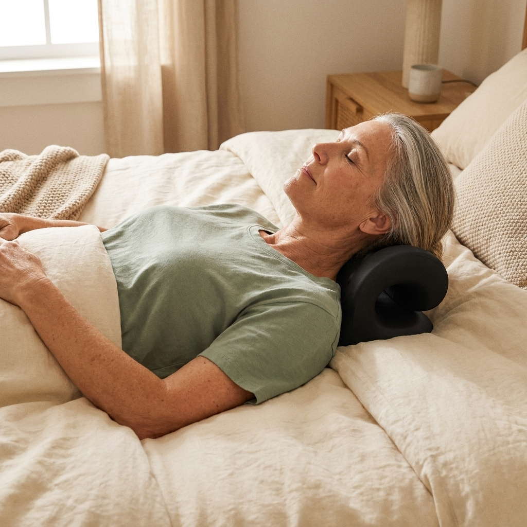 Woman relaxing on her bed with the Limber Neck Restore supporting her neck