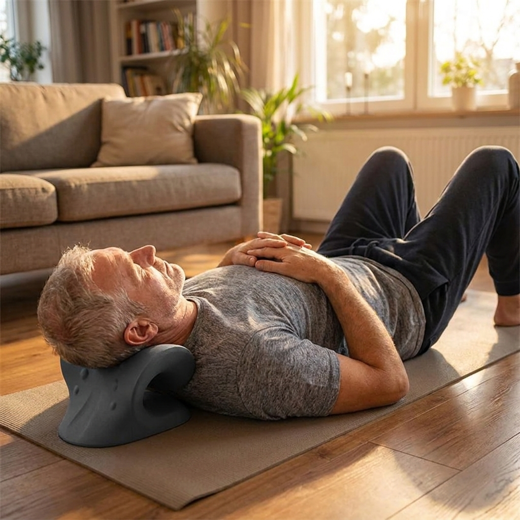 Man using the Limber Neck Restore on a yoga mat at home