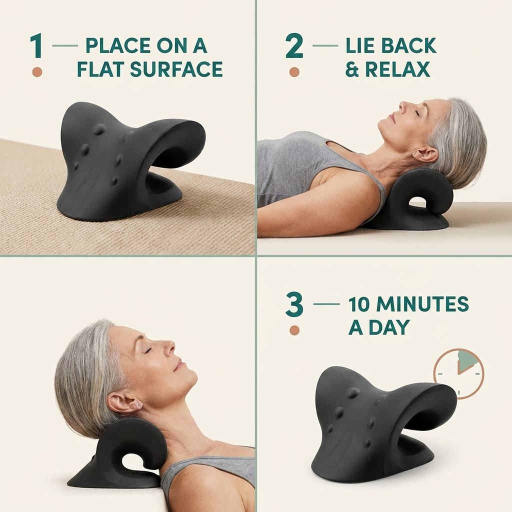 How to use the Limber Neck Restore in three steps: place flat, lie back, 10 minutes a day