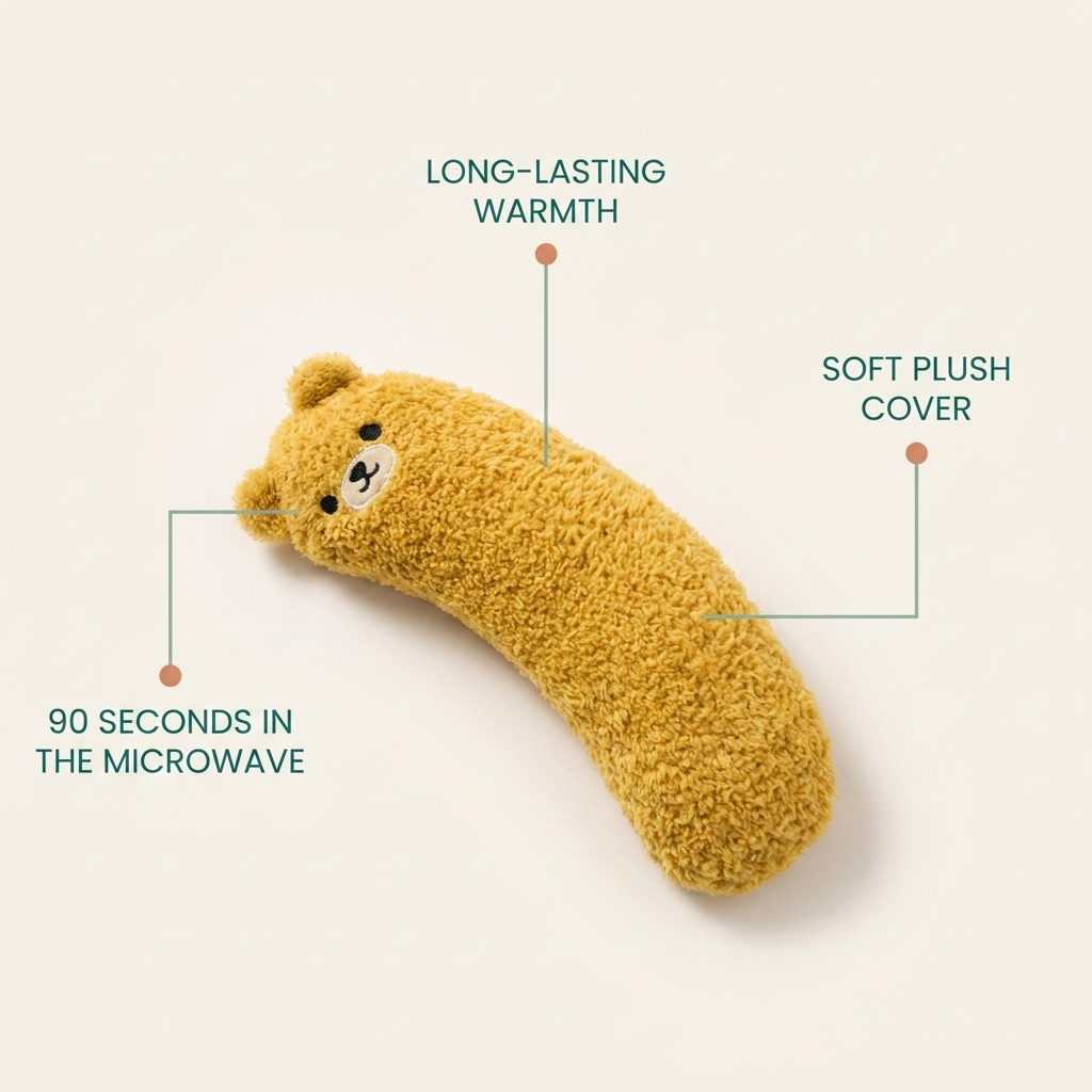 Limber Warm Hug plush warmer with feature callouts: 90 seconds in the microwave, long-lasting warmth, soft plush cover