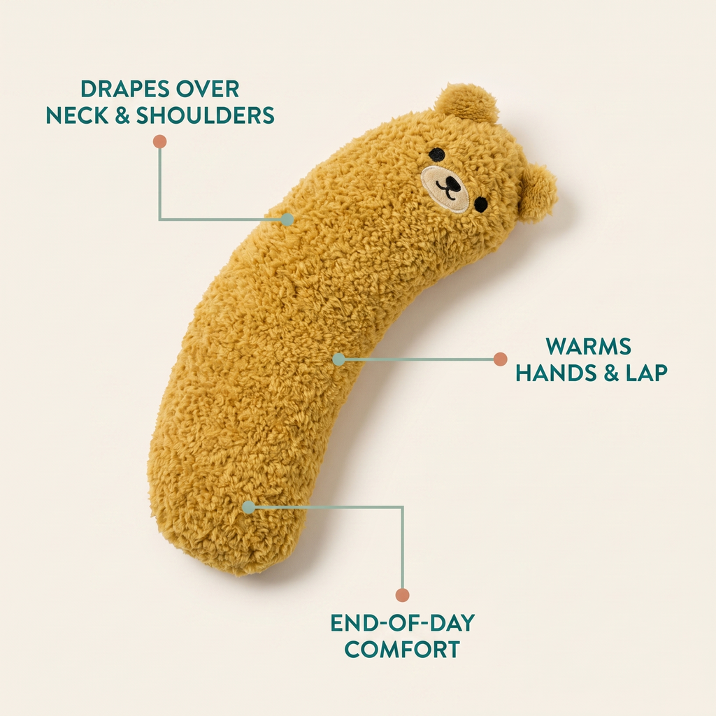 Warm Hug plush warmer drapes over neck and shoulders, warms hands and lap, end-of-day comfort