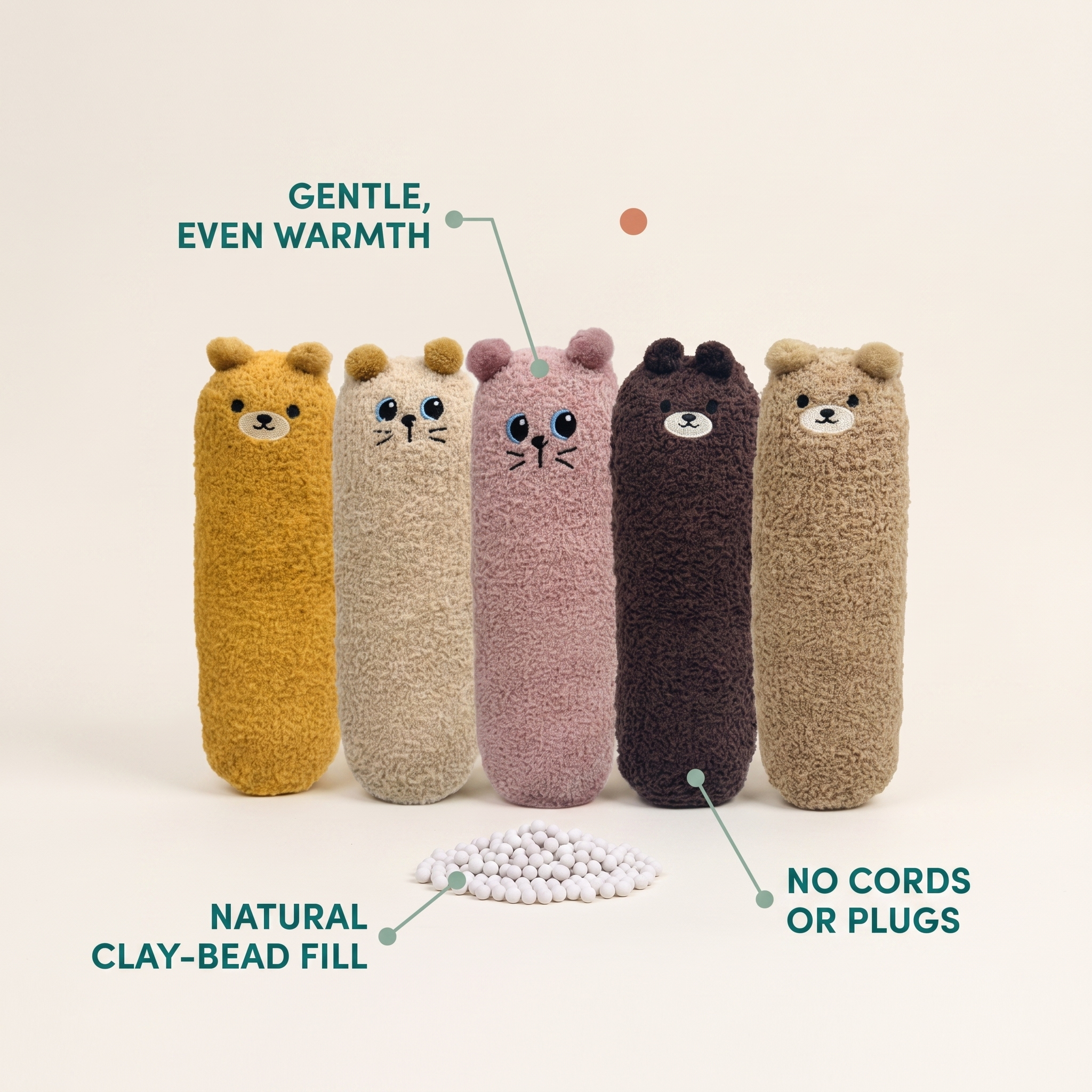 Five Warm Hug styles with natural clay-bead fill, gentle even warmth, no cords or plugs