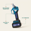 Limber Easy Prune cordless electric pruning shears with feature callouts: one-squeeze clean cuts, 21V cordless, cuts up to 1 inch