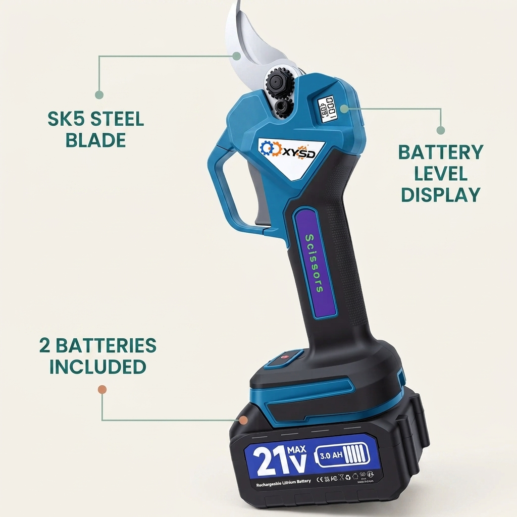 Limber Easy Prune blade and battery detail: SK5 steel blade, 2 batteries included, battery level display