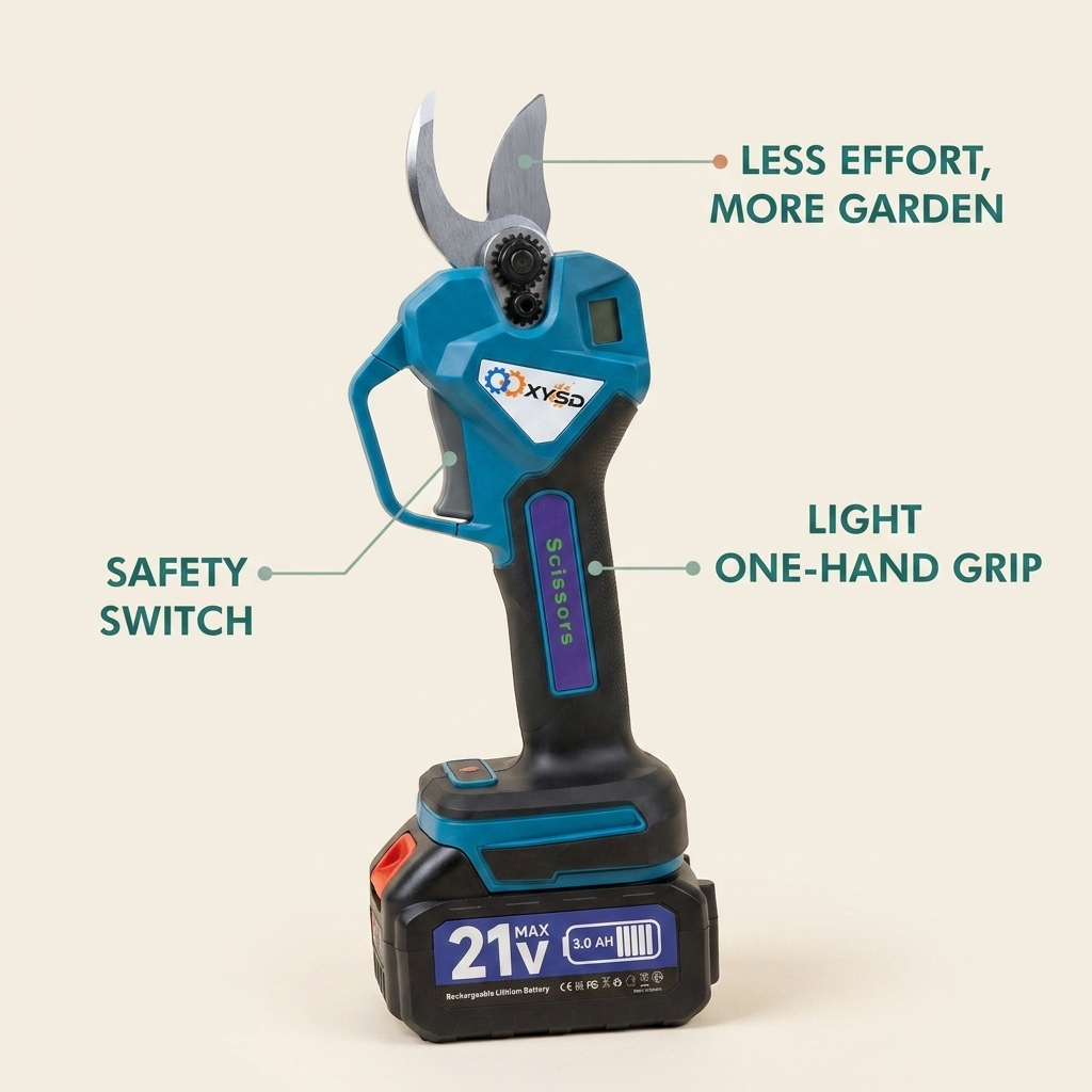 Limber Easy Prune benefits: light one-hand grip, safety switch, less effort more garden