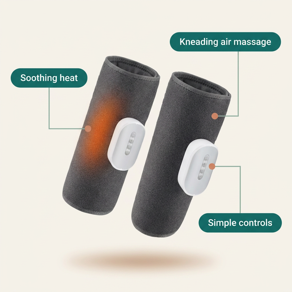 Limber Leg Revive heated calf massager wrap with callouts for soothing heat, kneading air massage, and simple controls