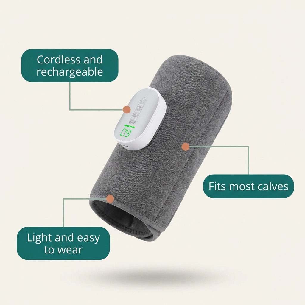 Limber Leg Revive calf massager wrap with callouts for cordless and rechargeable, fits most calves, light and easy to wear