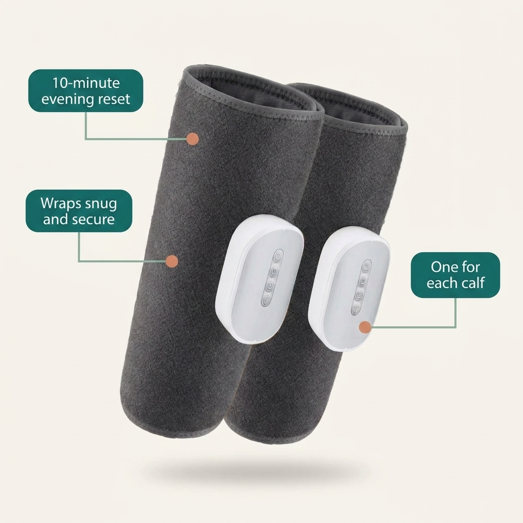 Limber Leg Revive calf massager wrap pair with callouts for 10-minute evening reset, snug secure wrap, one for each calf